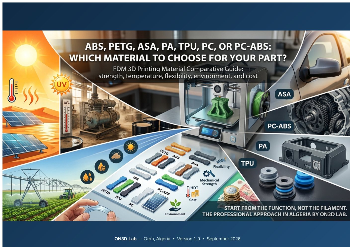 English-language illustration comparing FDM materials for industrial applications in Algeria